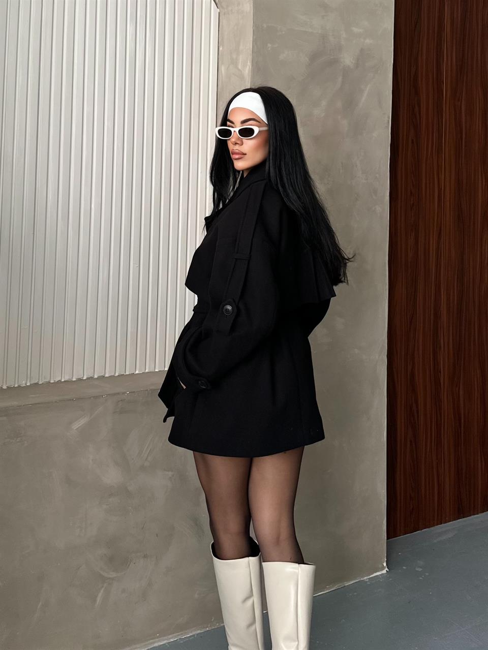 Oversize Siyah Kaşe Kaban