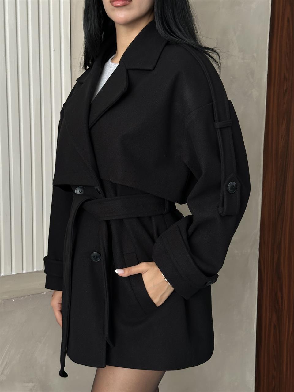 Oversize Siyah Kaşe Kaban