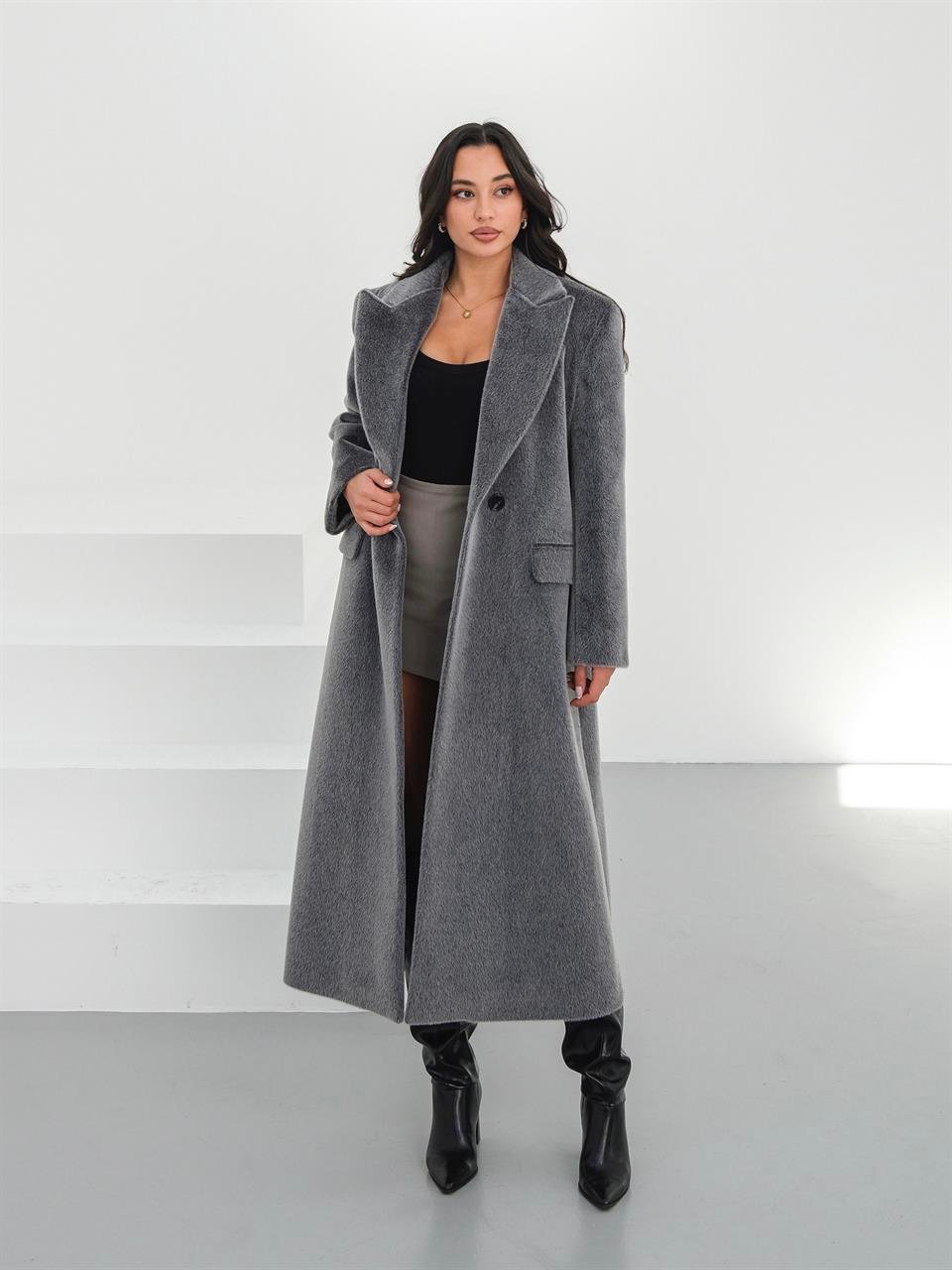 Oversize Yün Karışımlı Gri Yumoş Kaban