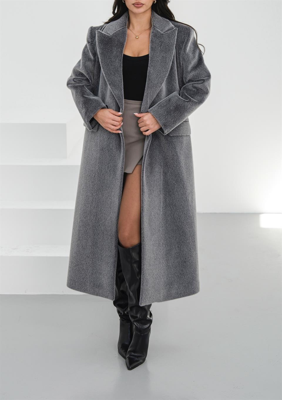 Oversize Yün Karışımlı Gri Yumoş Kaban