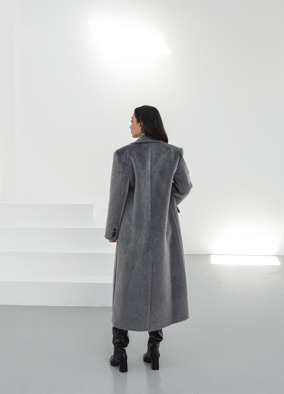 Oversize Yün Karışımlı Gri Yumoş Kaban