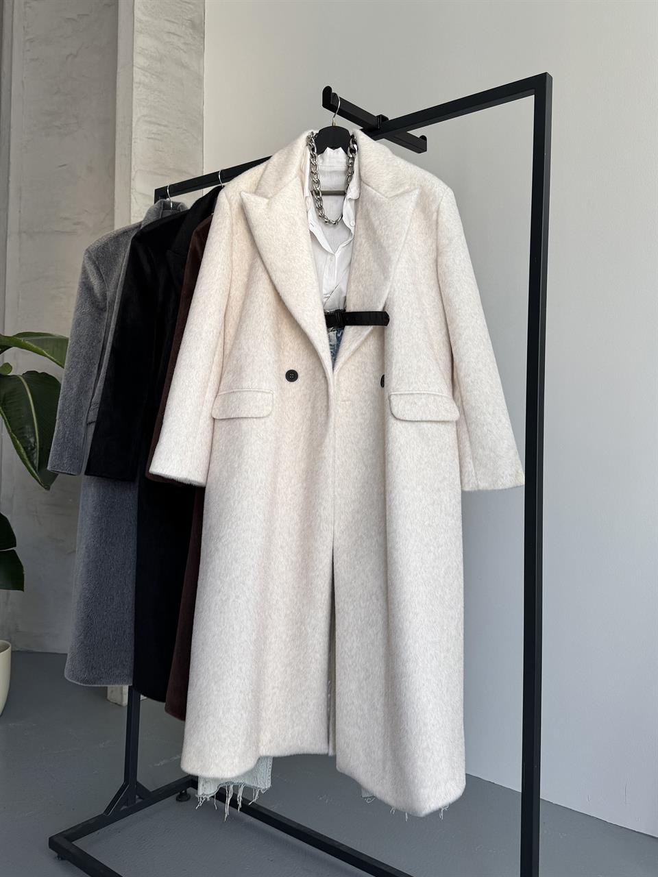 Oversize Yün Karışımlı Taş Yumoş Kaban