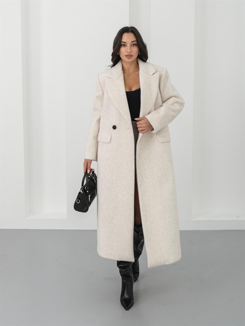 Oversize Yün Karışımlı Taş Yumoş Kaban