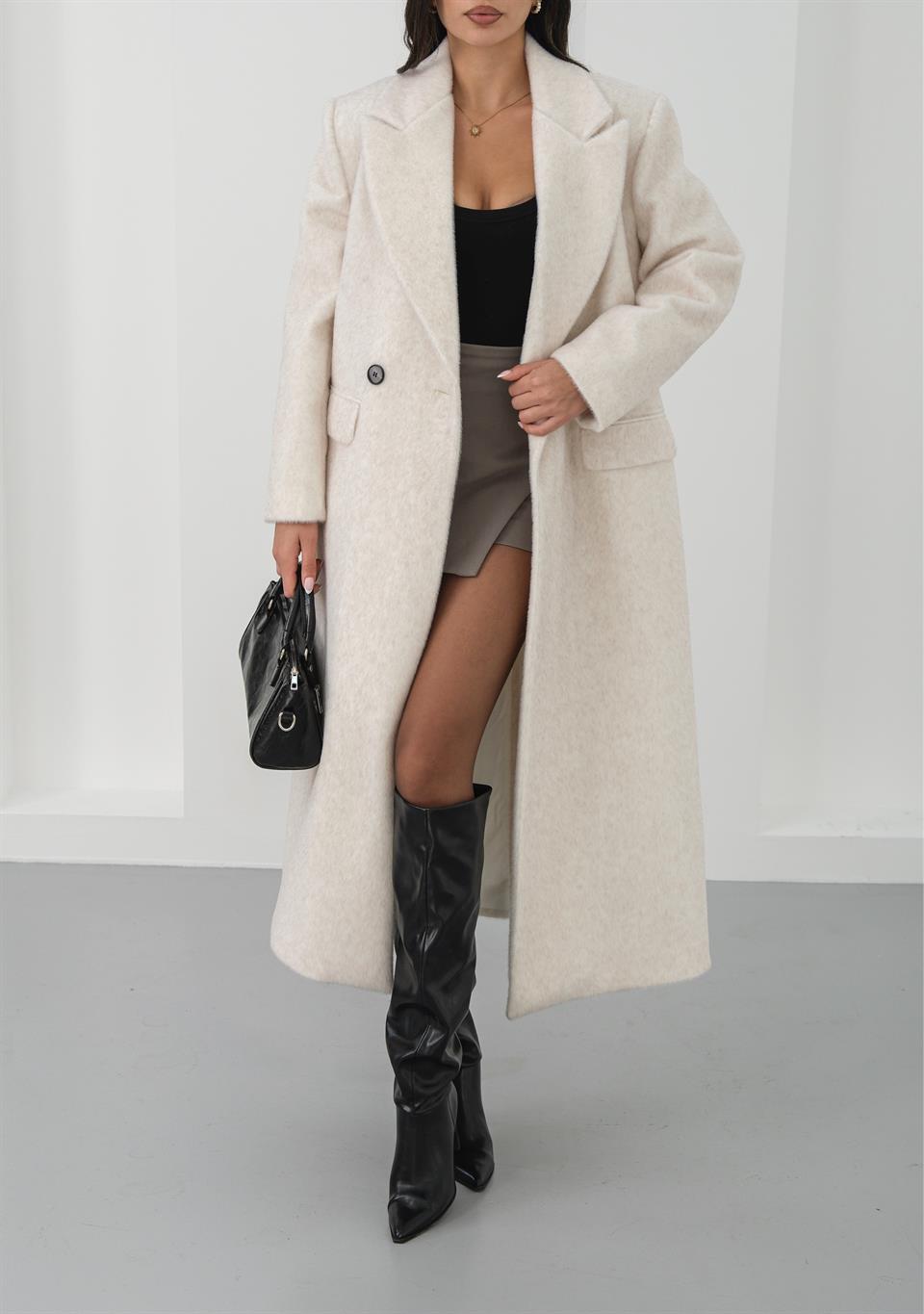 Oversize Yün Karışımlı Taş Yumoş Kaban