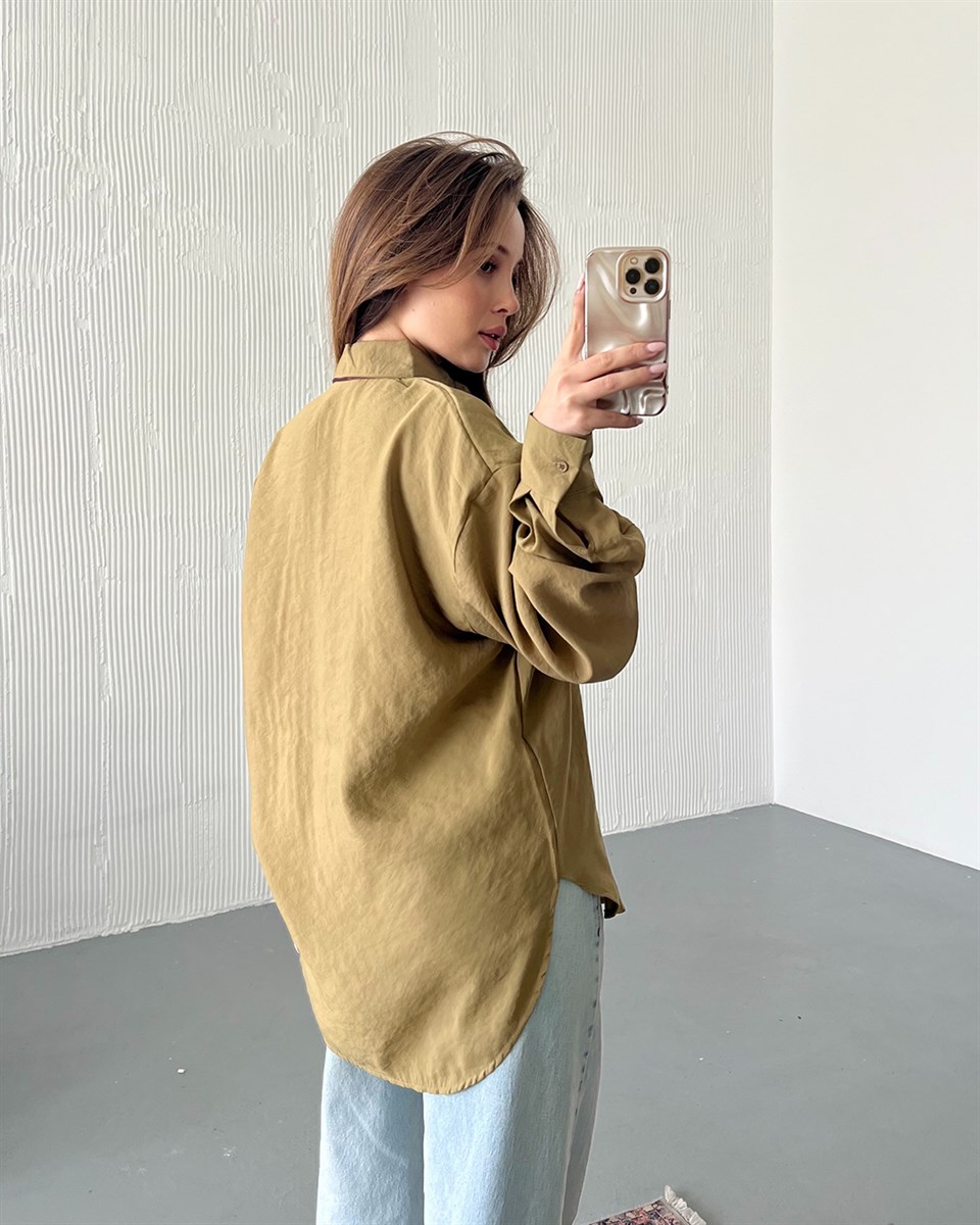 Retro Fularlı Oversize Haki Gömlek