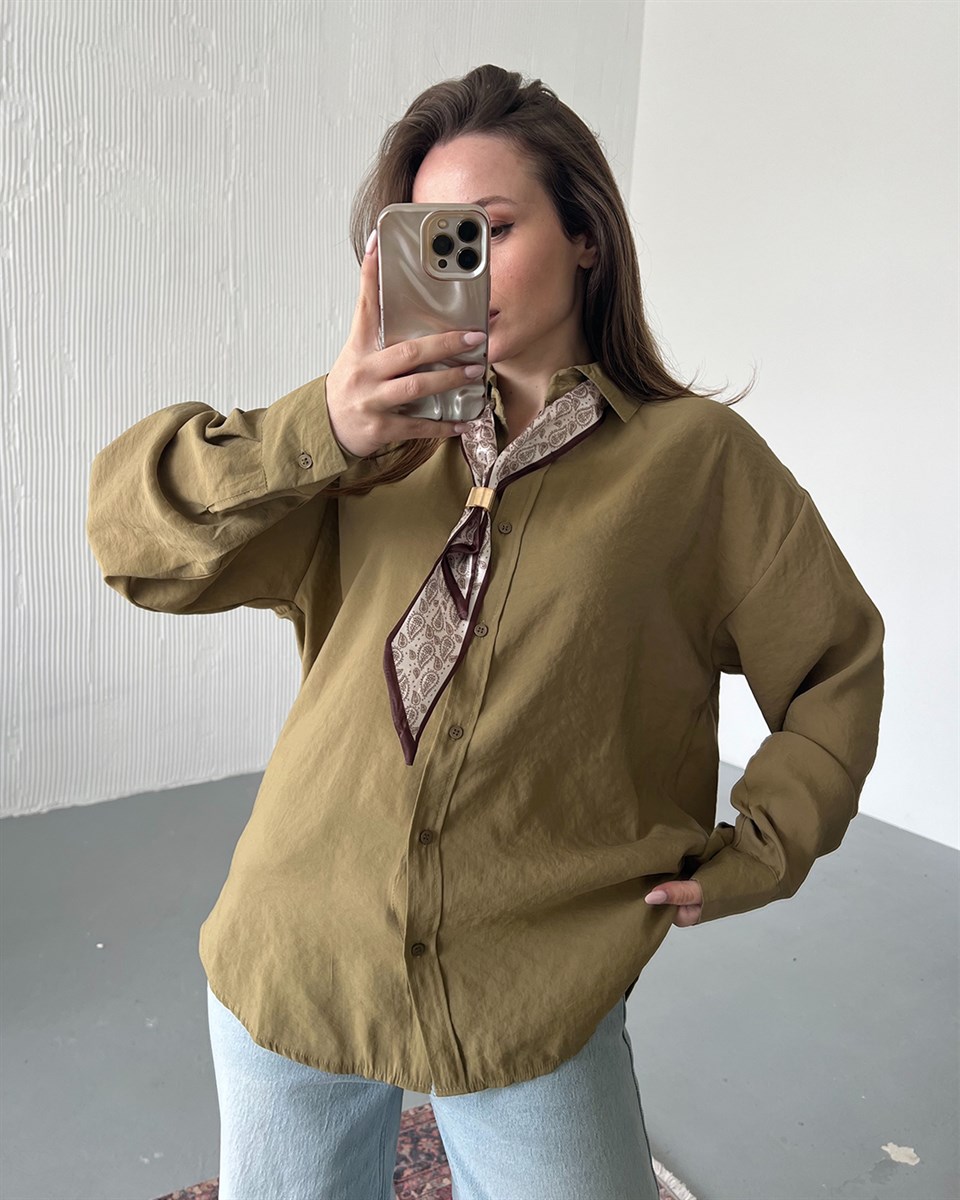 Retro Fularlı Oversize Haki Gömlek