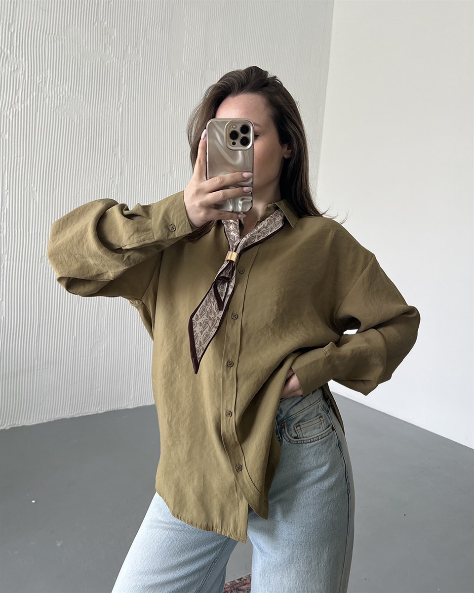 Retro Fularlı Oversize Haki Gömlek
