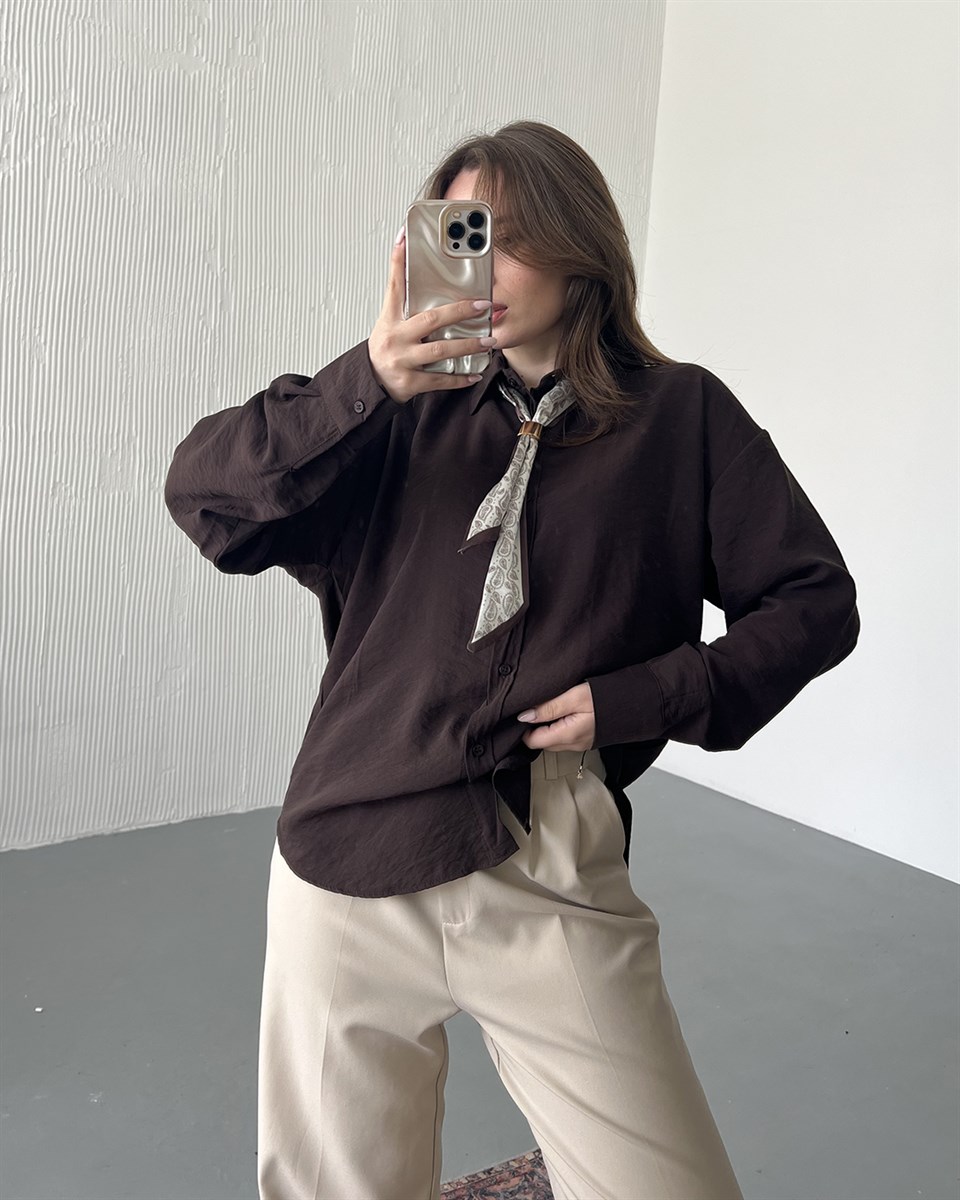 Retro Fularlı Oversize Kahverengi Gömlek