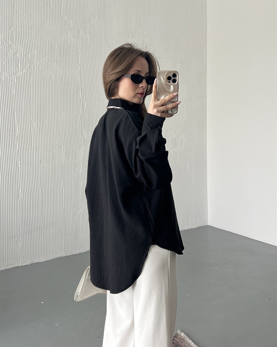 Retro Fularlı Oversize Siyah Gömlek