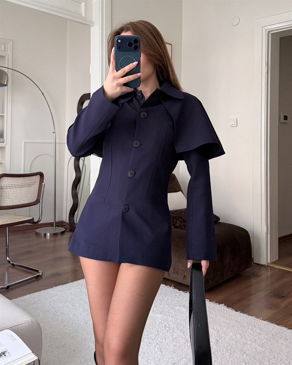 Pelerin Detaylı Lacivert Ceket Elbise