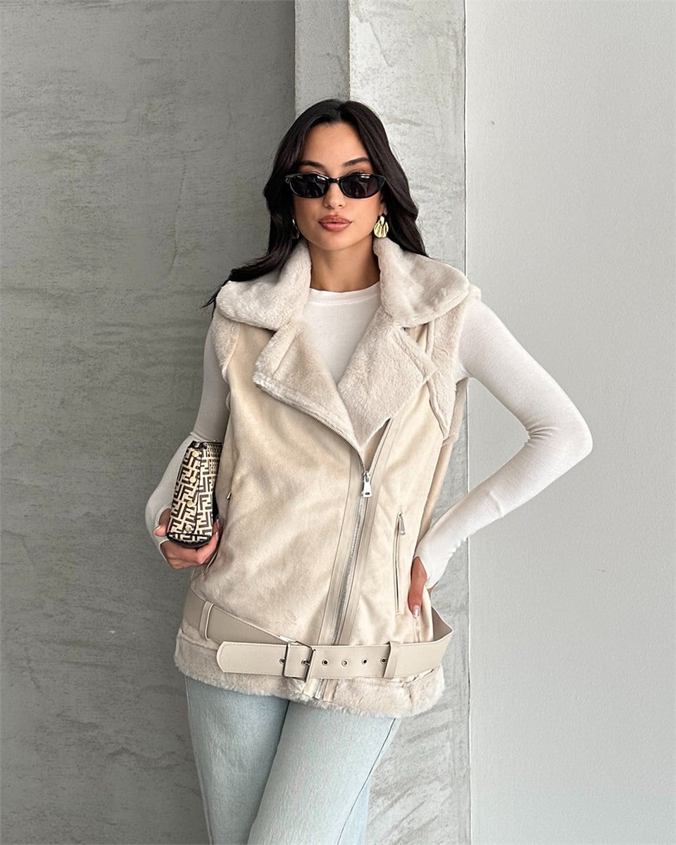 Peluş Astarlı Kemerli Oversize Bej Süet Yelek
