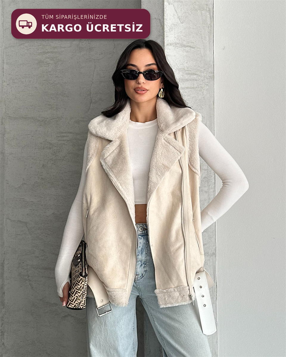 Peluş Astarlı Kemerli Oversize Bej Süet Yelek