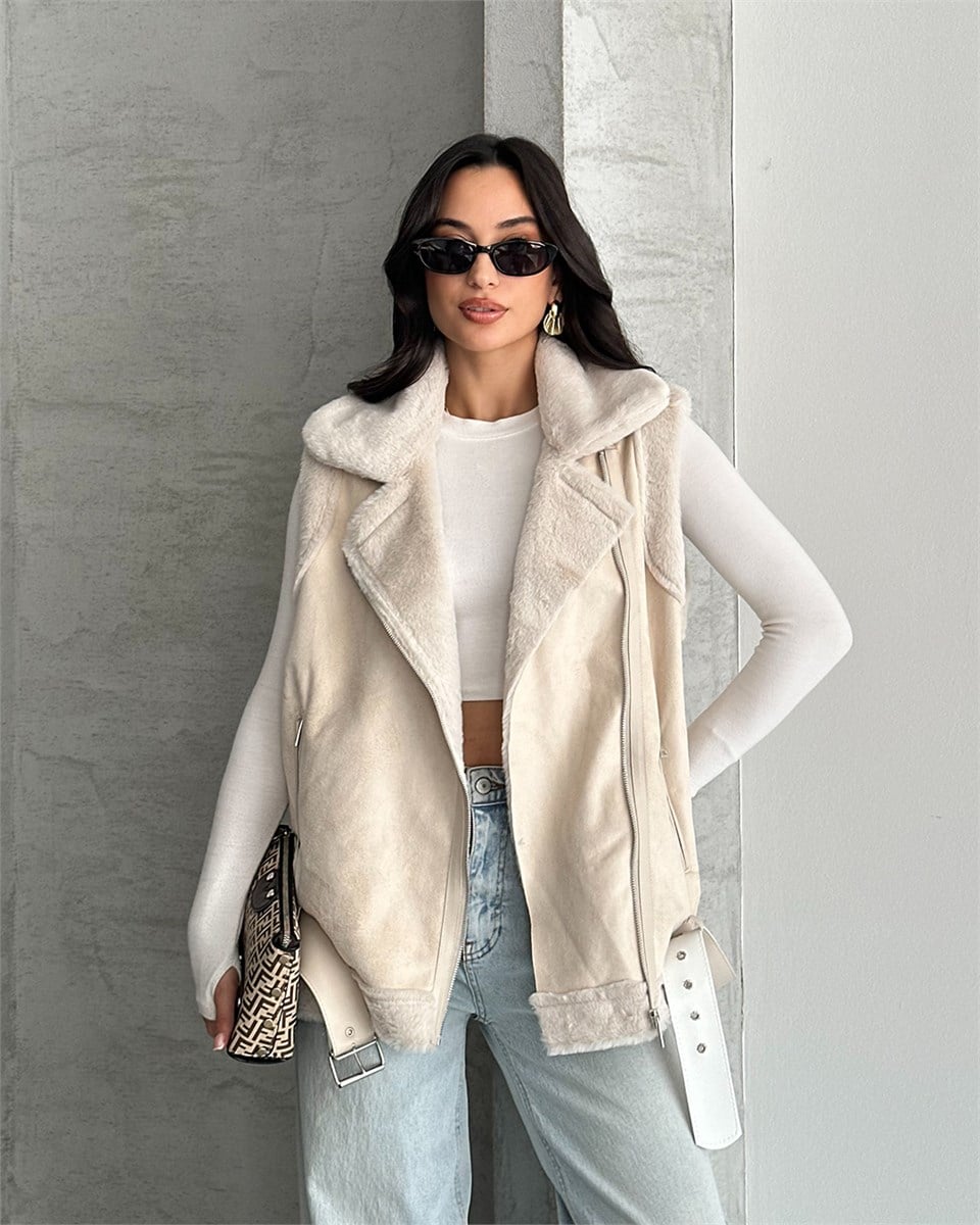 Peluş Astarlı Kemerli Oversize Bej Süet Yelek