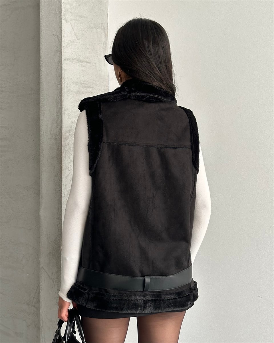 Peluş Astarlı Kemerli Oversize Siyah Süet Yelek