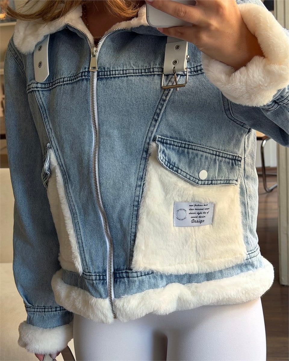 Peluş Cepli Tokalı Denim Ceket