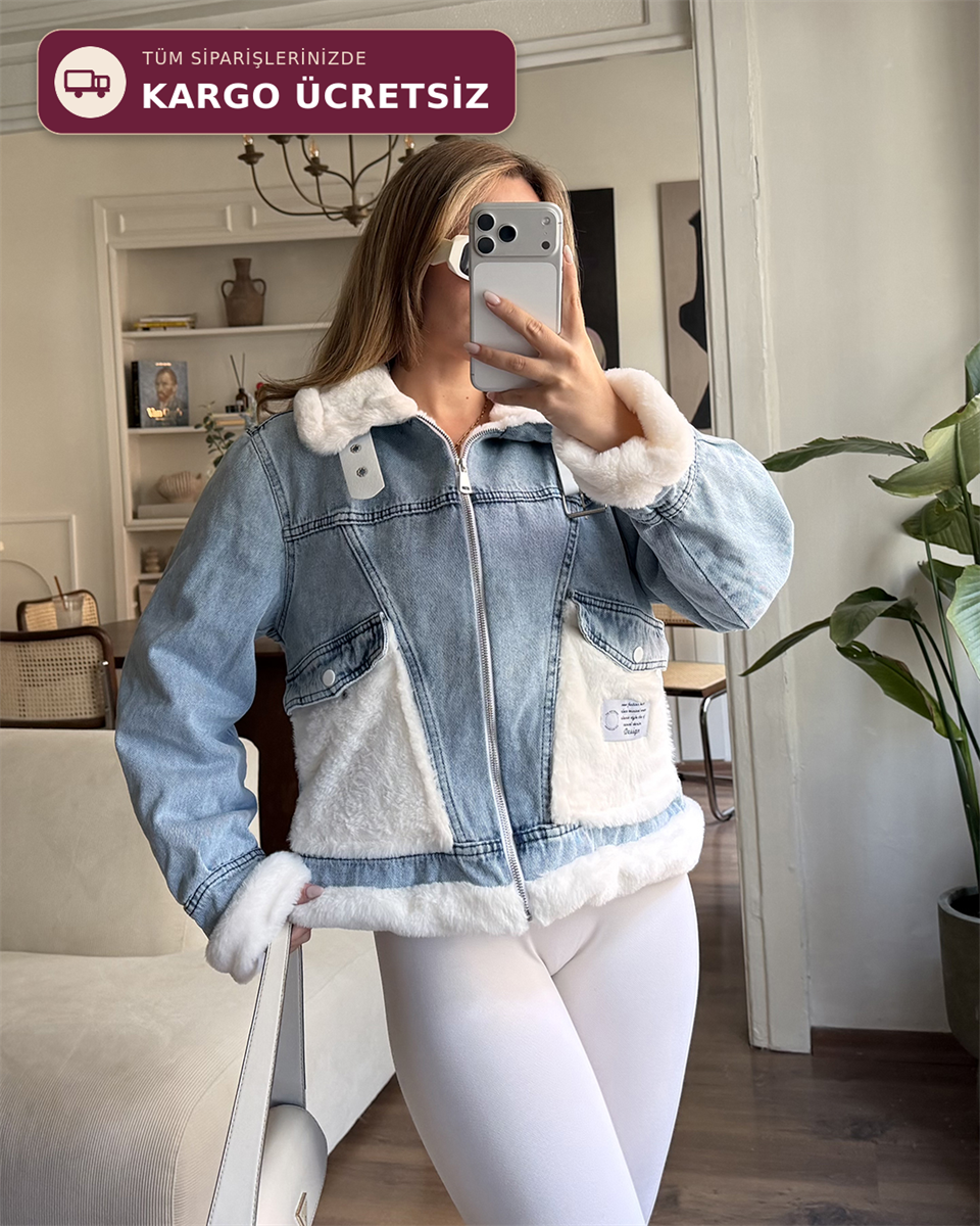 Peluş Cepli Tokalı Denim Ceket