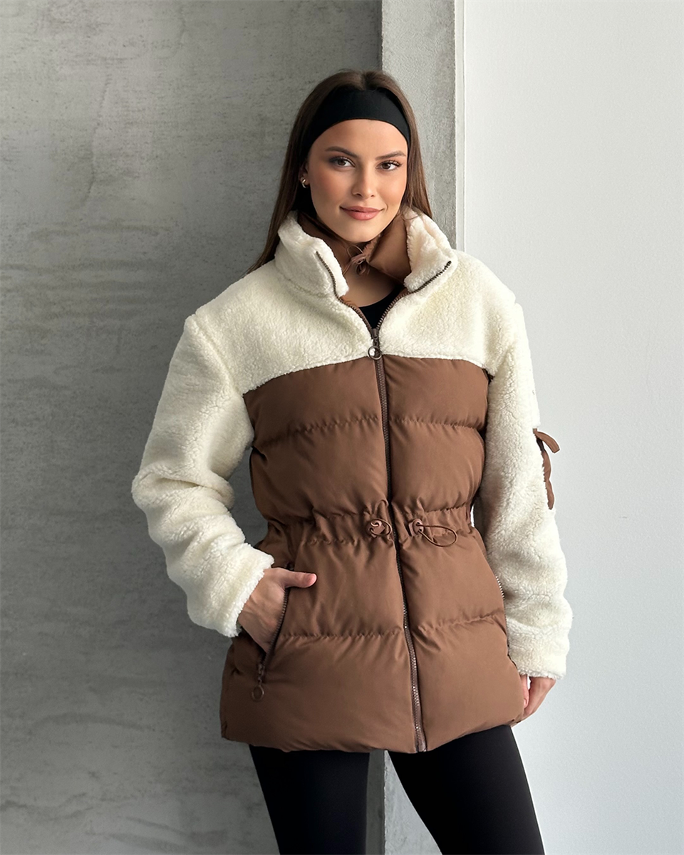 Peluş Detay Kapitone Kahverengi Mont