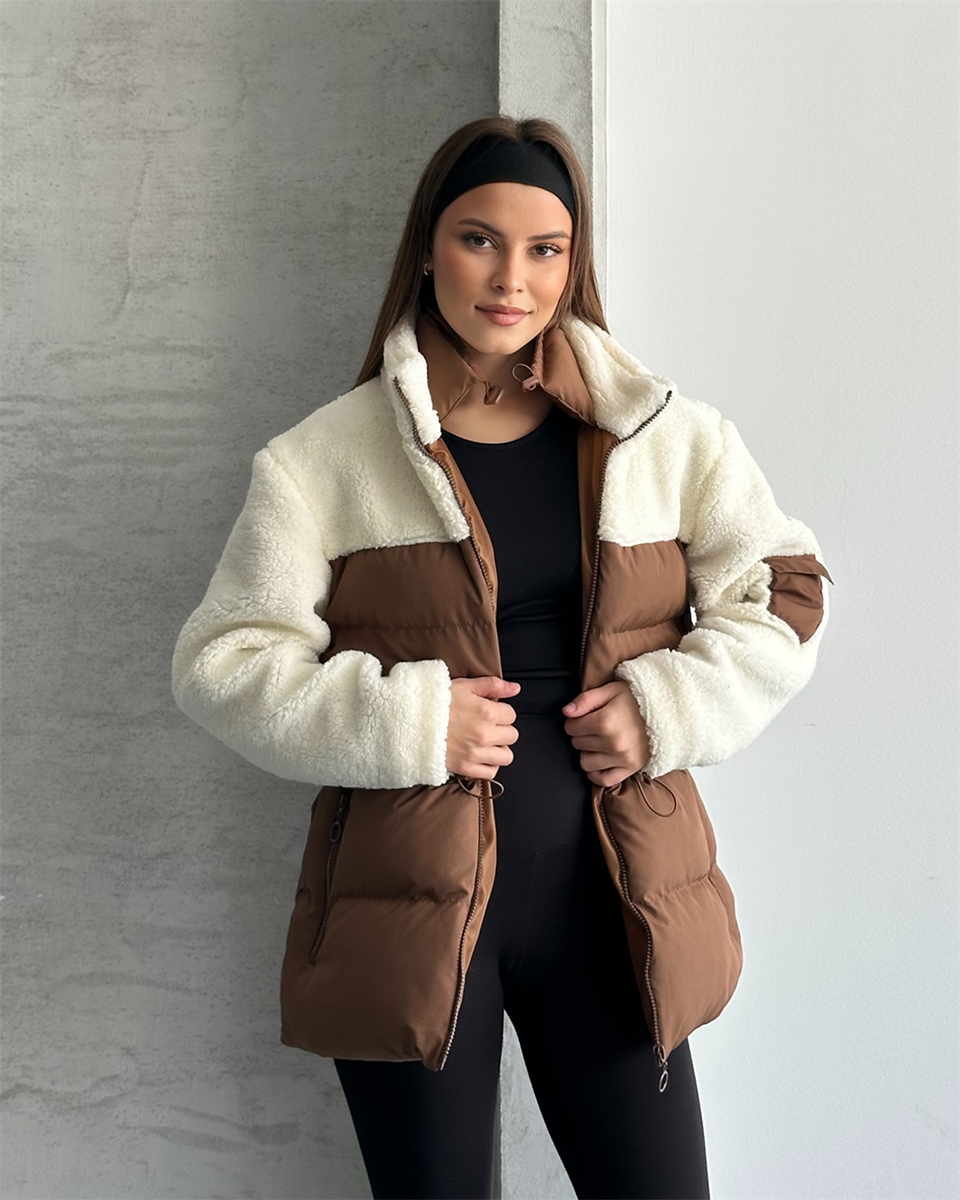 Peluş Detay Kapitone Kahverengi Mont