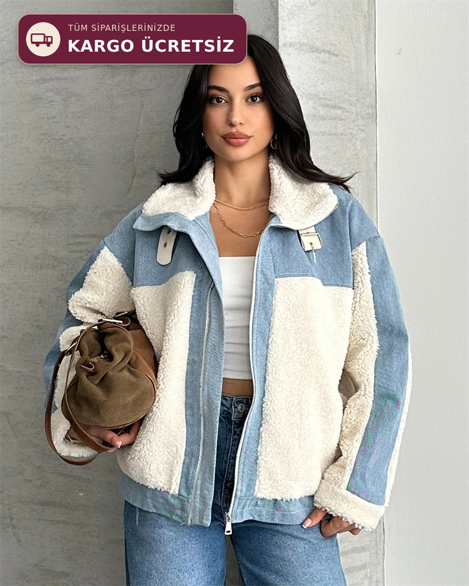 Peluş Detaylı Fermuarlı Kot Ceket