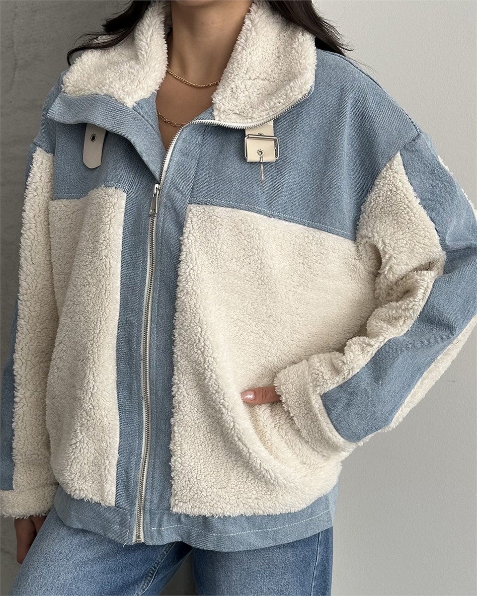 Peluş Detaylı Fermuarlı Kot Ceket