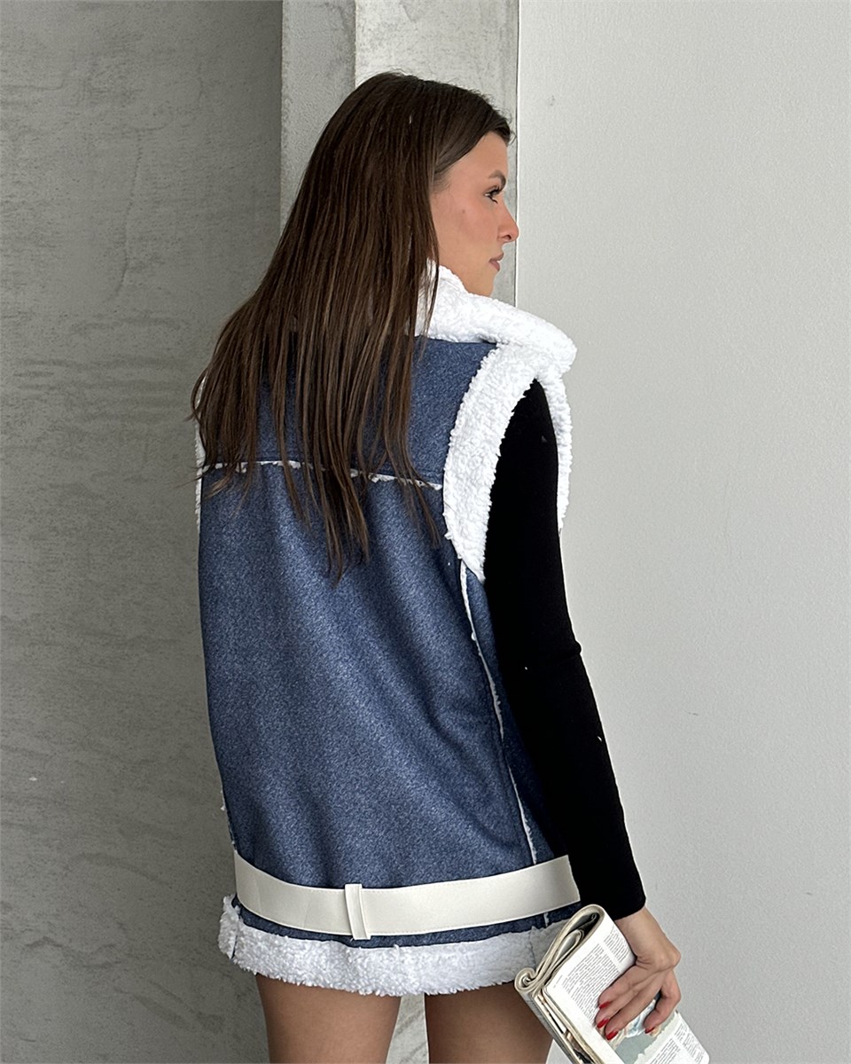 Peluş Kemerli Denim Yelek
