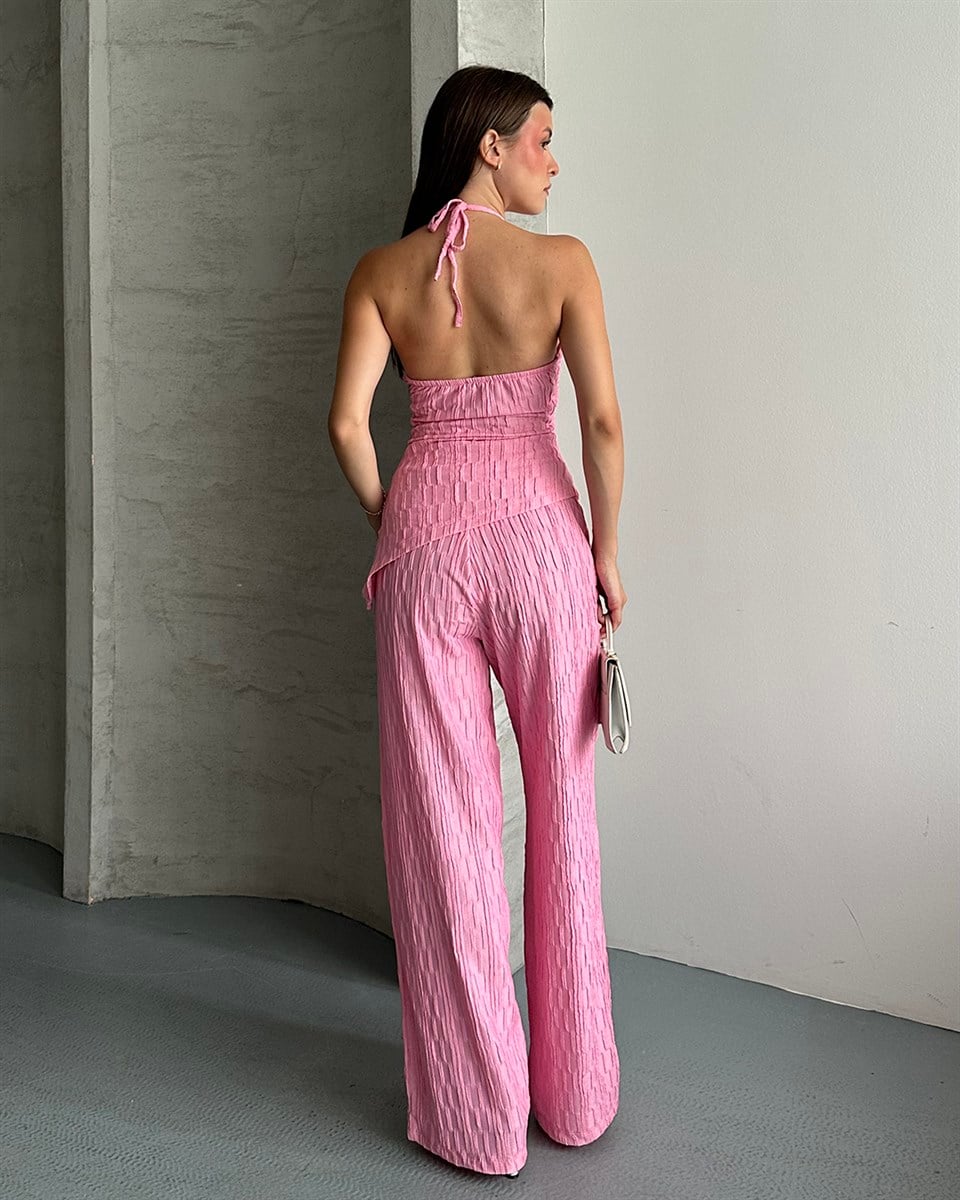 Pembe Bürümcük Halter Yaka Pantolon Takım