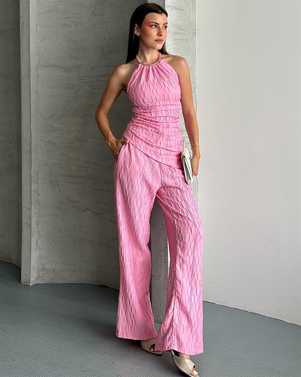 Pembe Bürümcük Halter Yaka Pantolon Takım