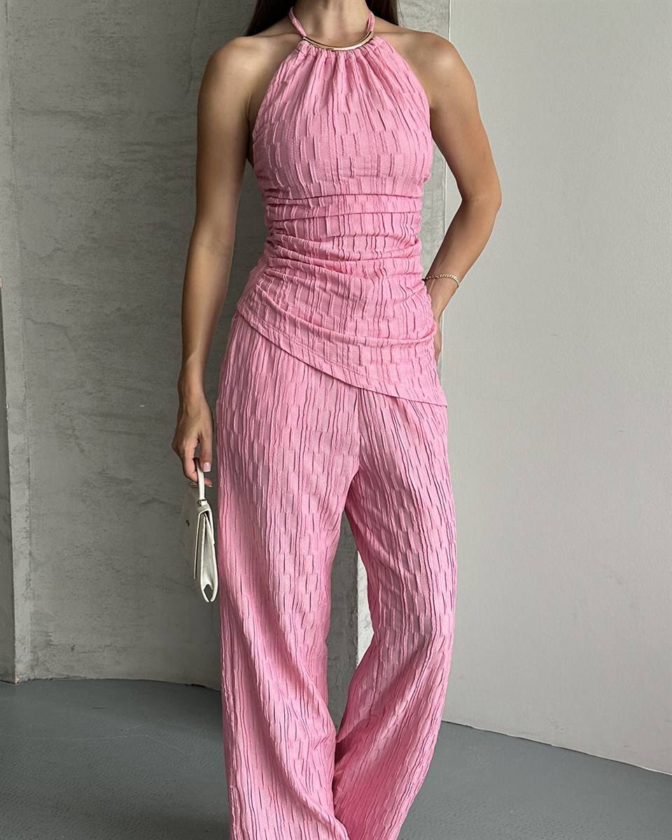 Pembe Bürümcük Halter Yaka Pantolon Takım