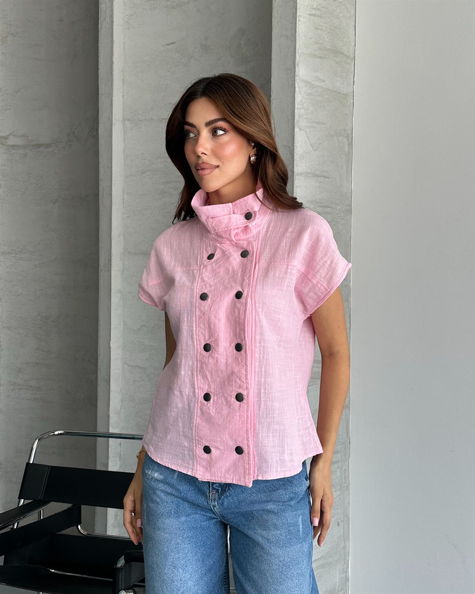 Çift Düğmeli Hakim Yaka Pembe Gömlek