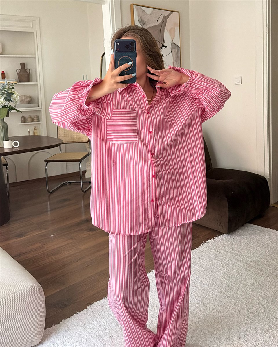 Pembe Çizgili Oversize Gömlek Pantolon Takım