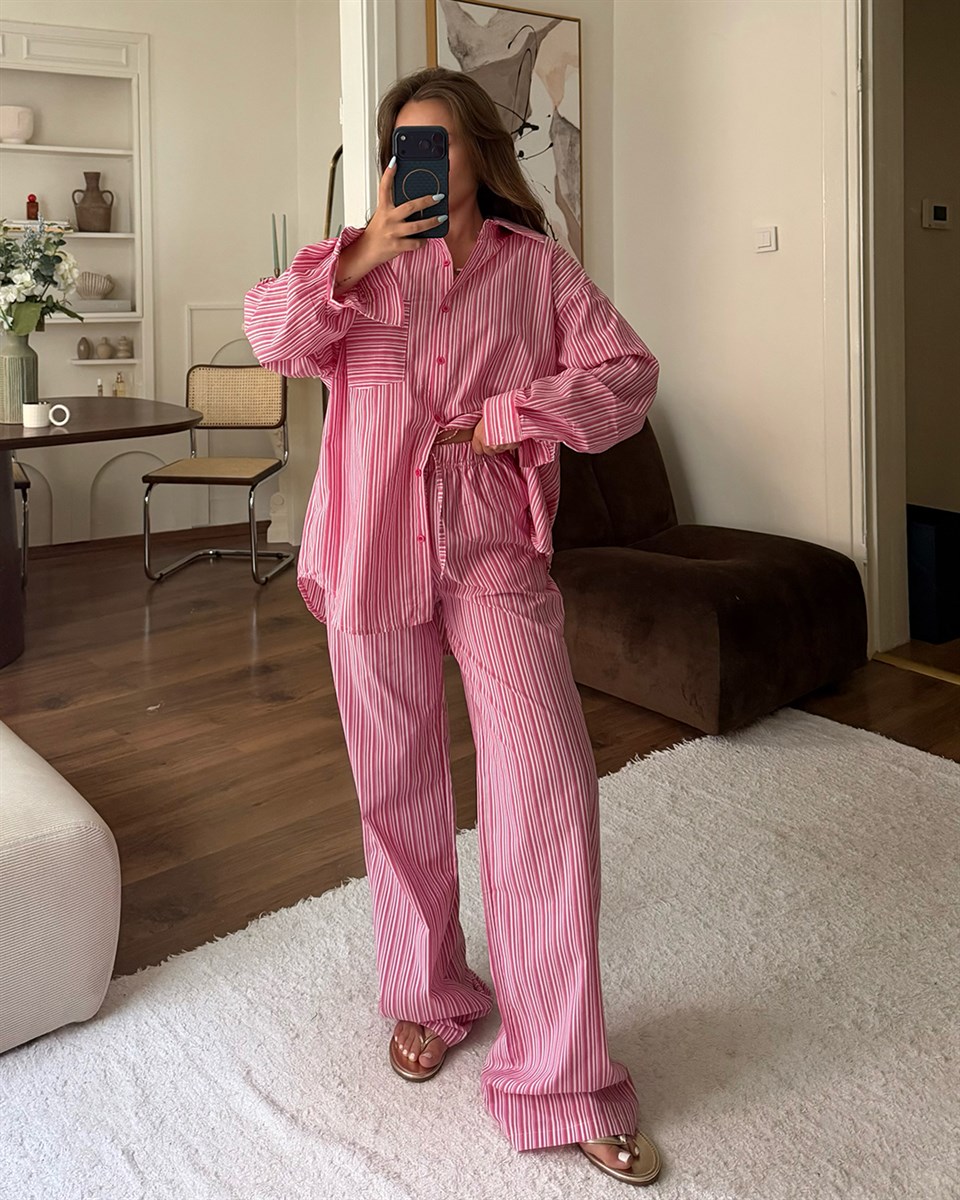 Pembe Çizgili Oversize Gömlek Pantolon Takım
