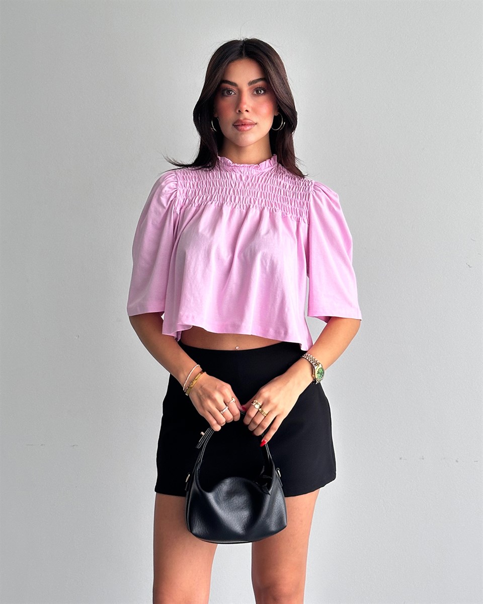 Pembe Dik Yaka Büzgülü Bluz