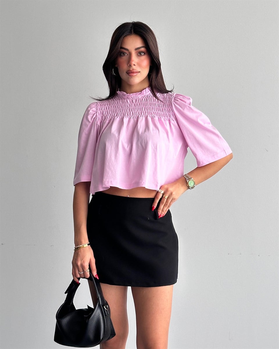 Pembe Dik Yaka Büzgülü Bluz