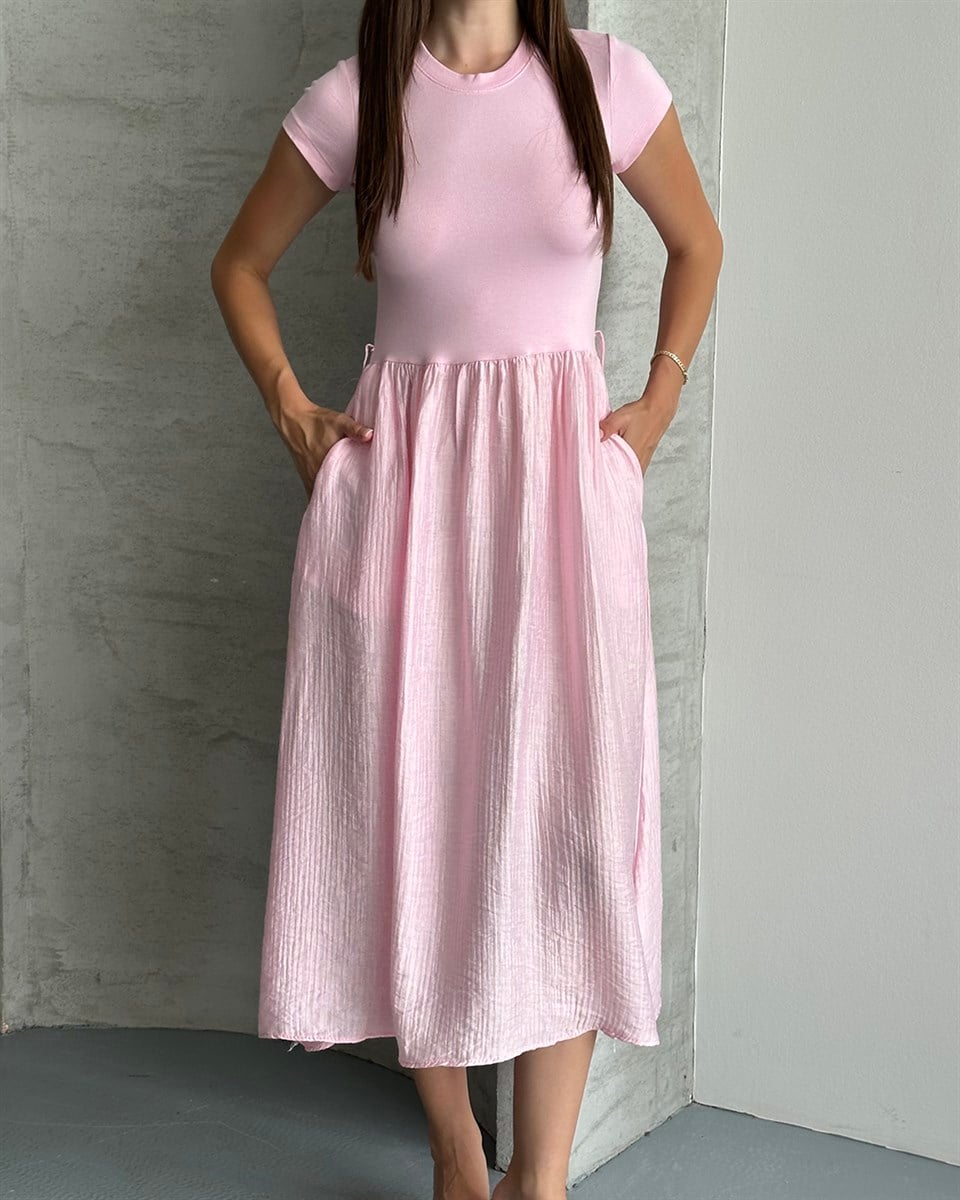 Pembe Garnili Midi Elbise