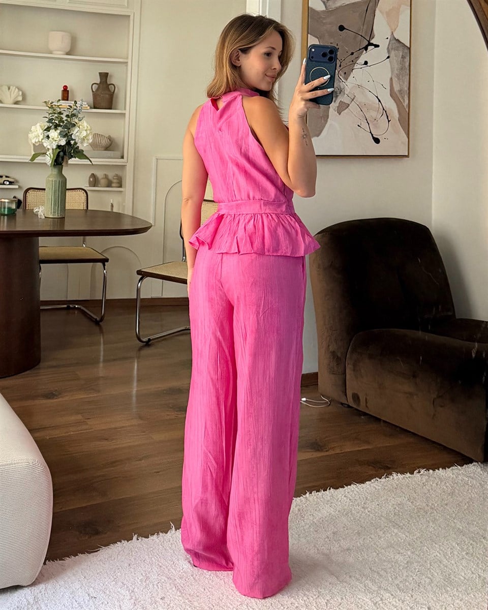 Pembe Halter Yaka Peplum Takım