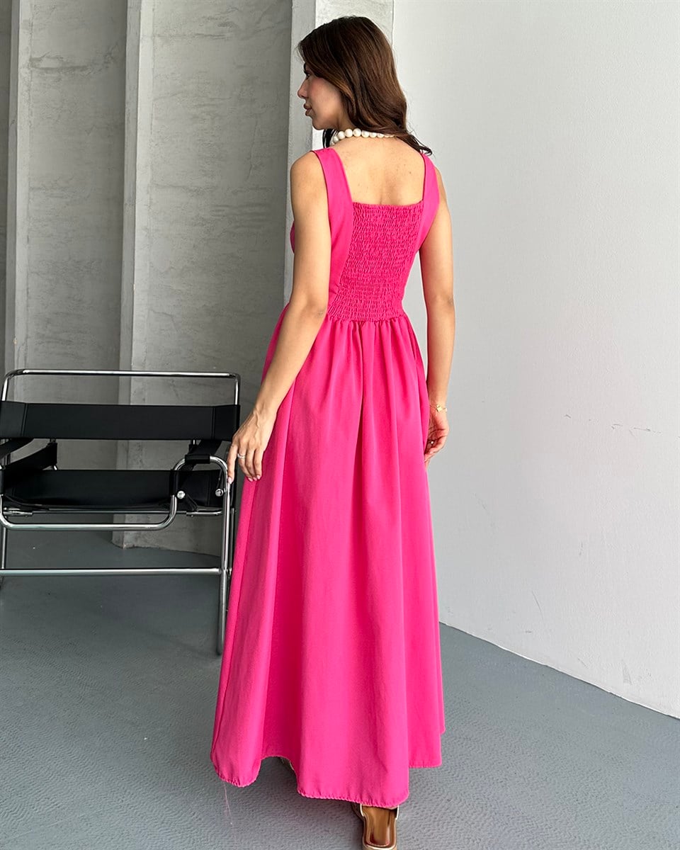 Pembe Kare Yaka Askılı Maxi Elbise