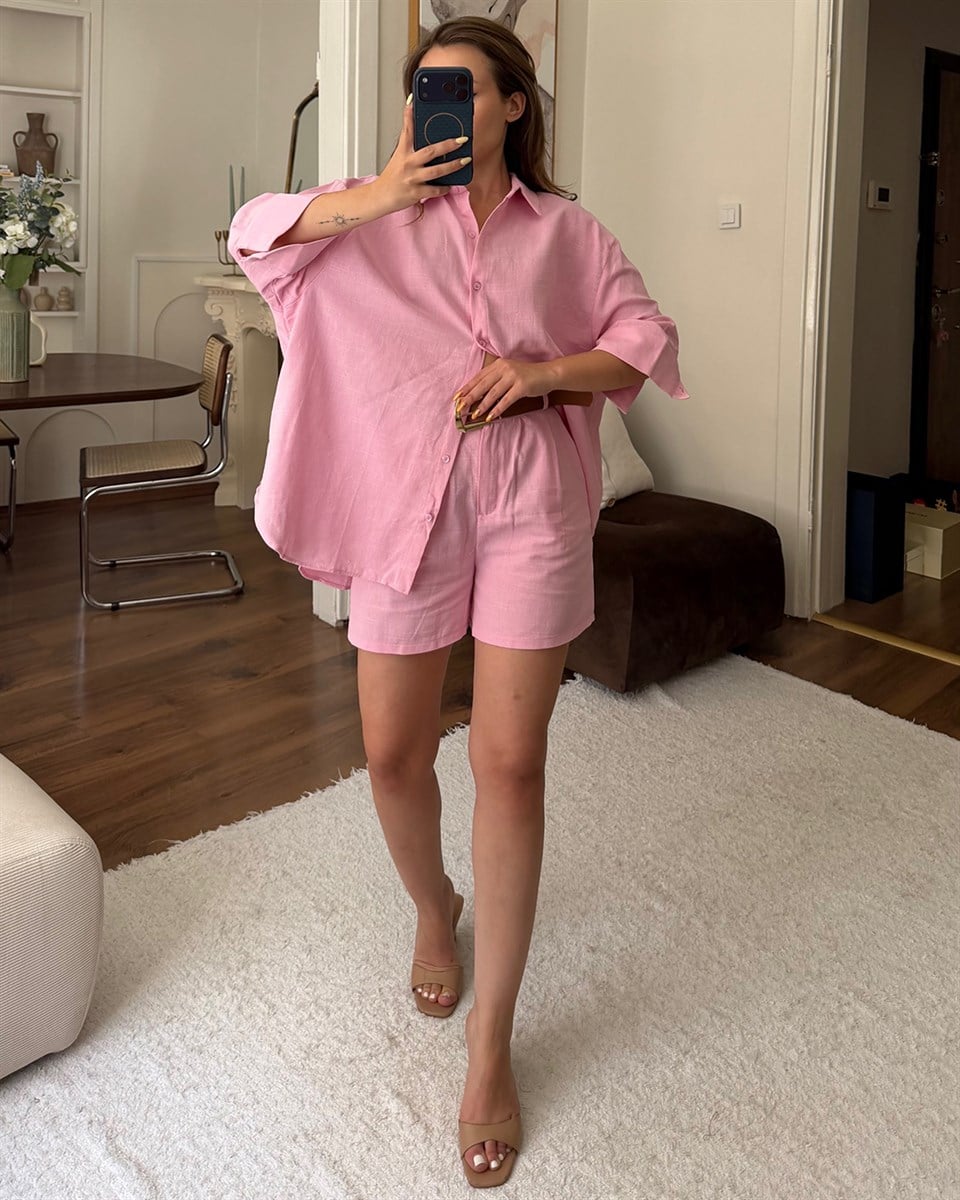 Pembe Kemerli Keten Şort Takım