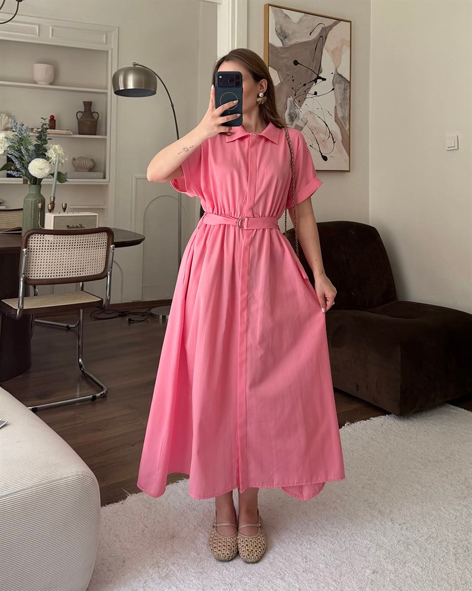 Pembe Kemerli Midi Elbise