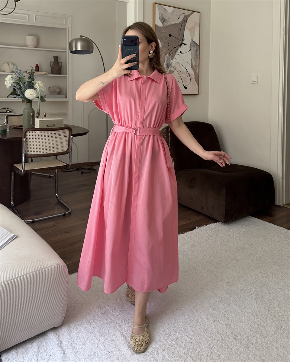 Pembe Kemerli Midi Elbise