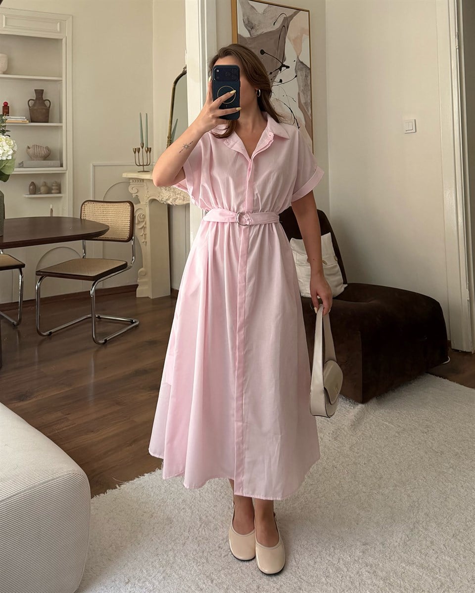 Pembe Kemerli Midi Elbise