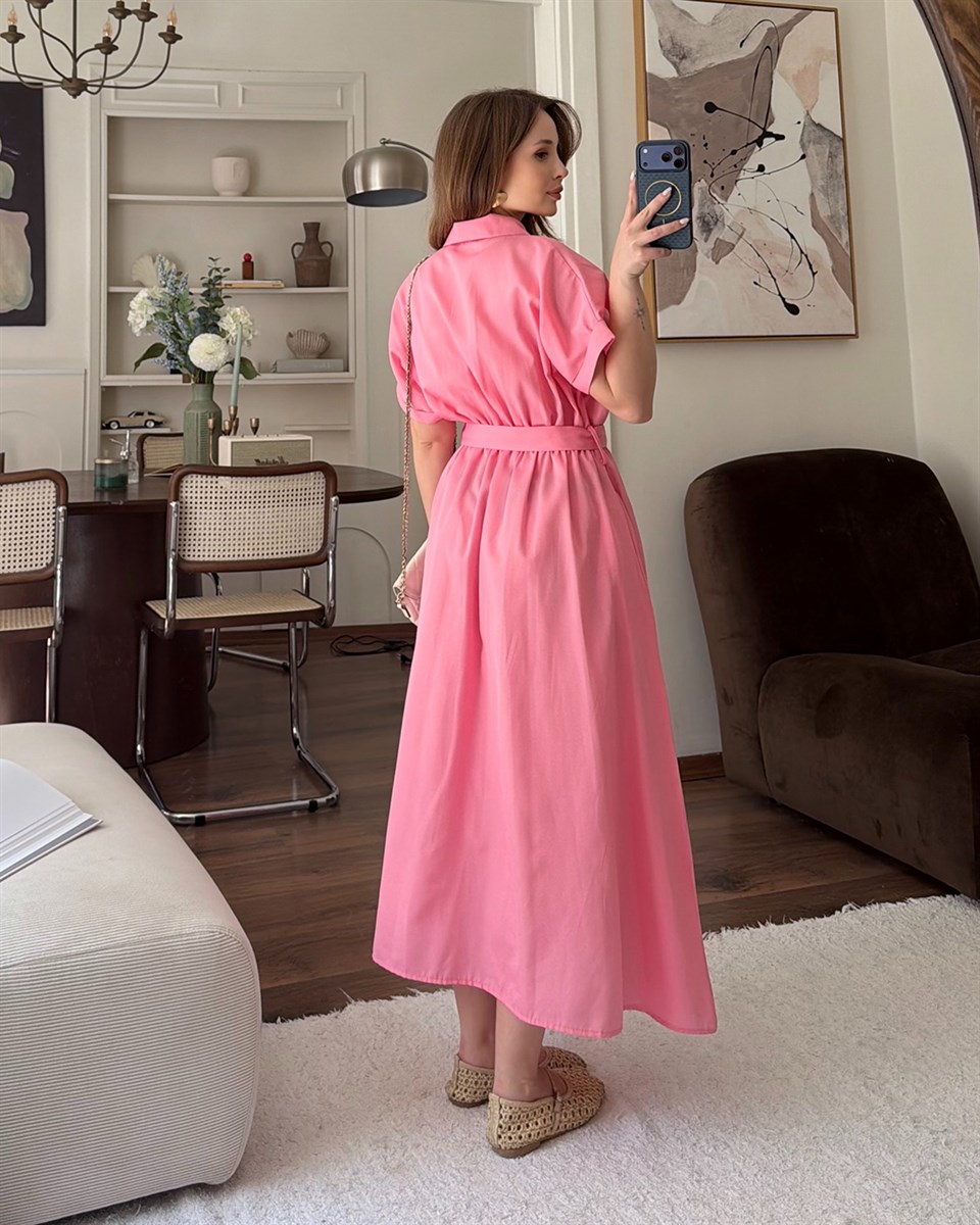 Pembe Kemerli Midi Elbise