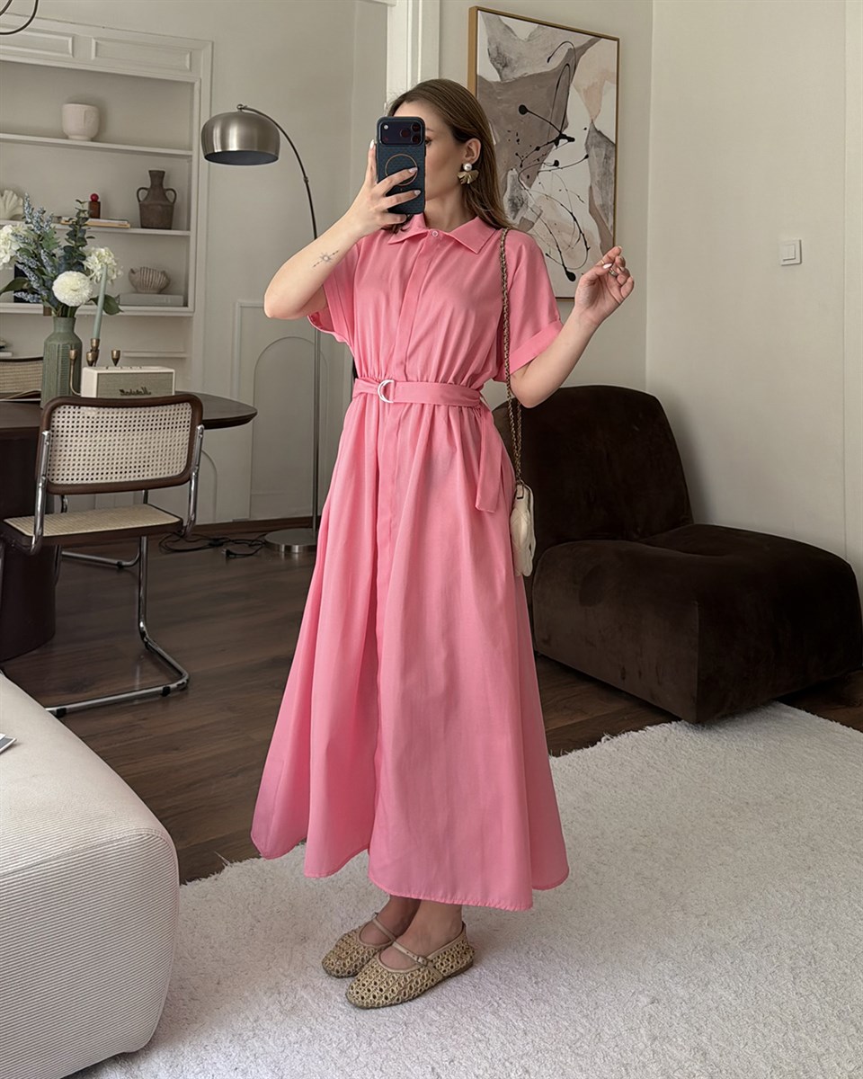 Pembe Kemerli Midi Elbise