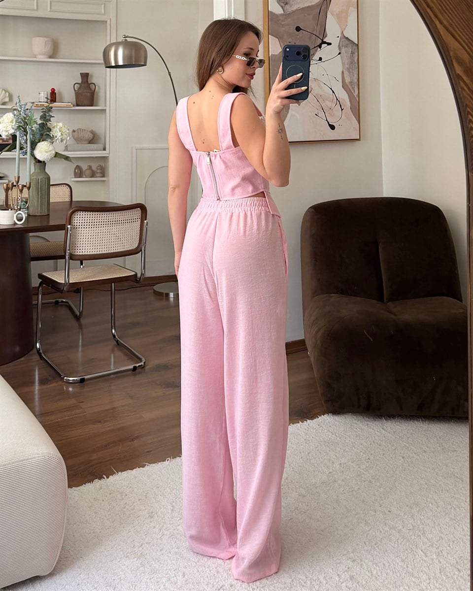 Pembe Keten Büstiyer Takım