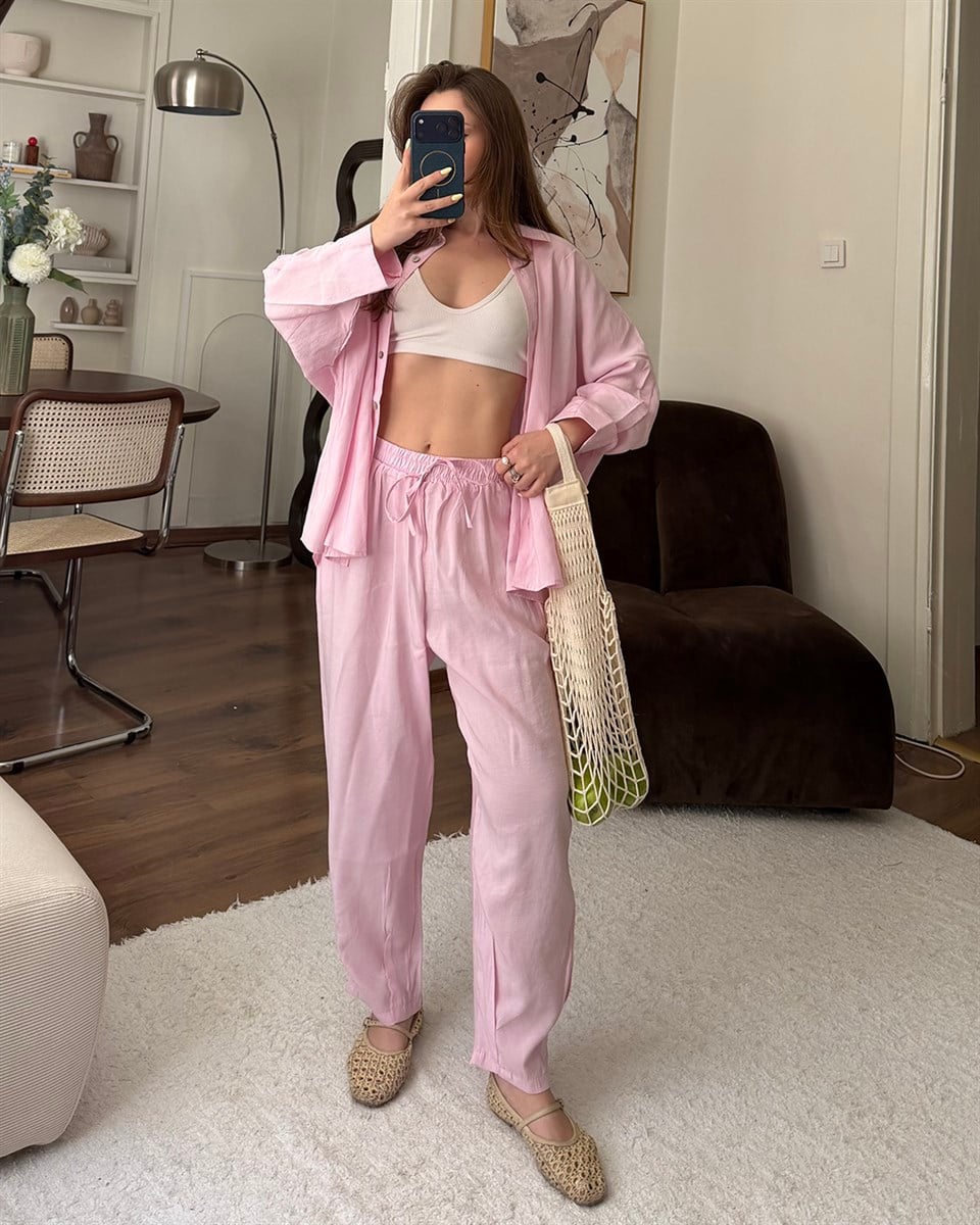 Pembe Modal Gömlek Pantolon Takım 