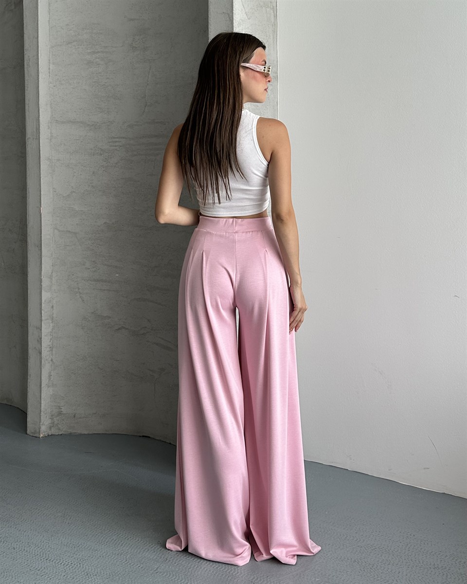 Pembe Pileli Bol Paça Pantolon