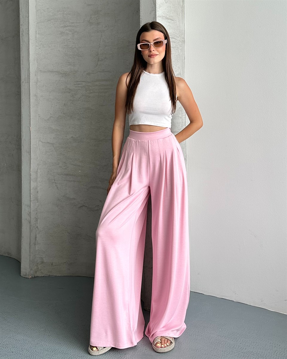 Pembe Pileli Bol Paça Pantolon