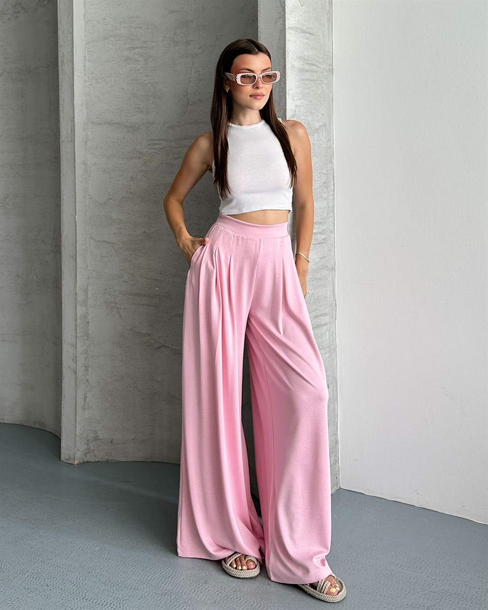 Pembe Pileli Bol Paça Pantolon