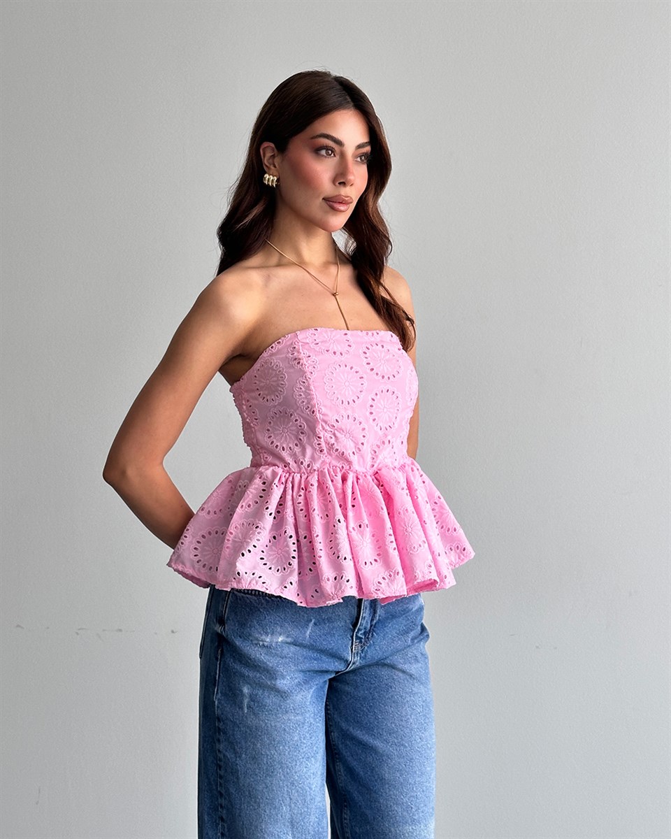Pembe Straplez Nakışlı Büstiyer