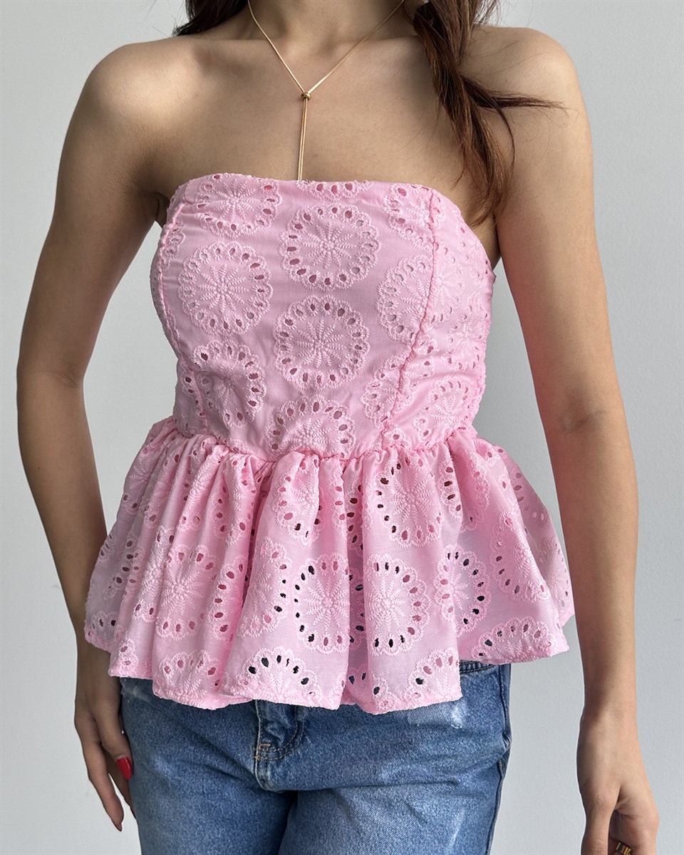 Pembe Straplez Nakışlı Büstiyer
