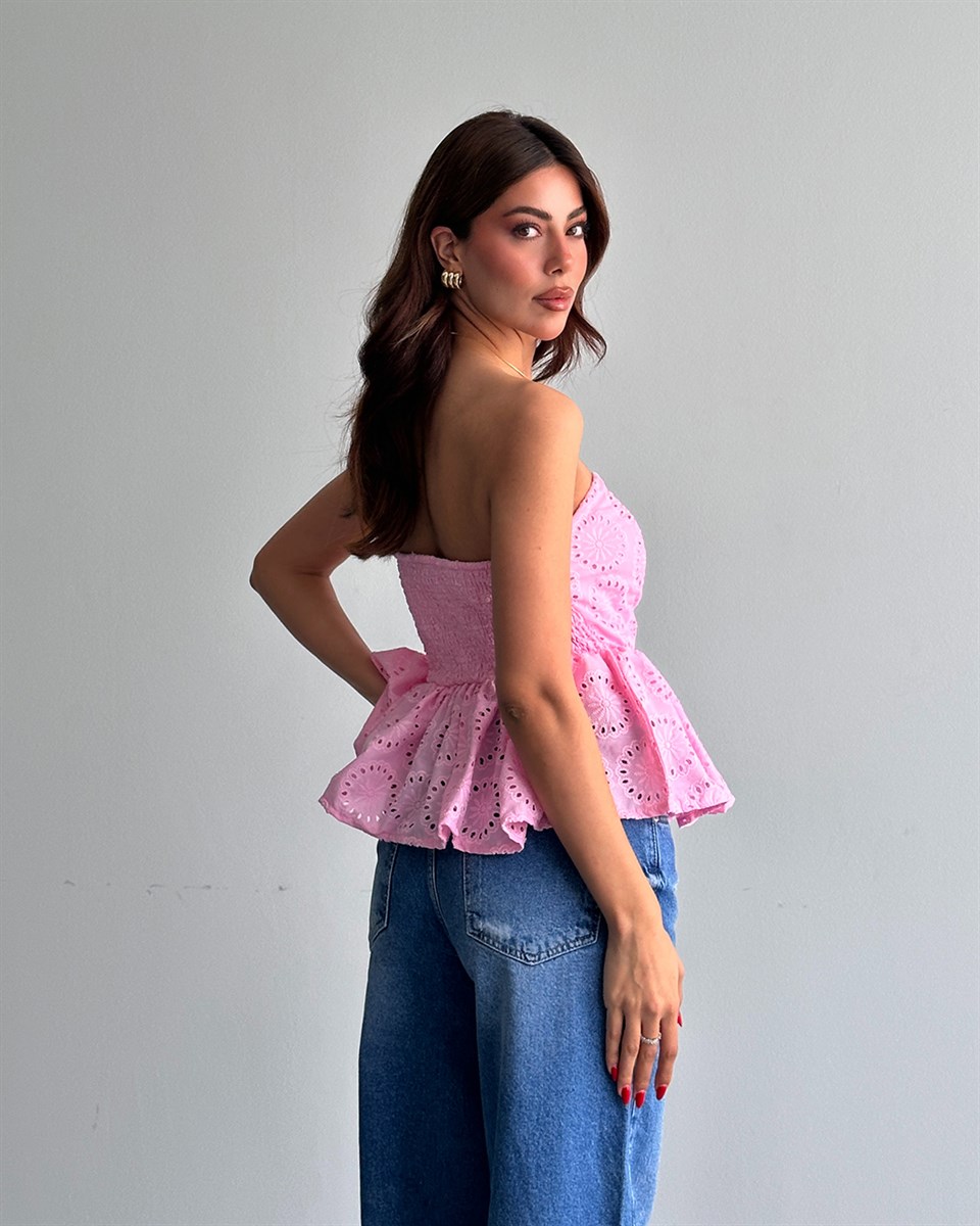 Pembe Straplez Nakışlı Büstiyer